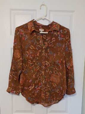 Anthopology ByPilcro Sz PS, Brown Floral, Relaxed Fit Blouse, Multicolor Blooms